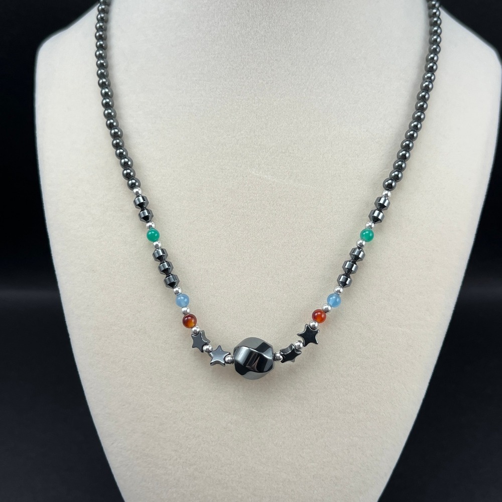 Beaded Necklace Gray Hematite Star Beads Multicolor Celestial 18"